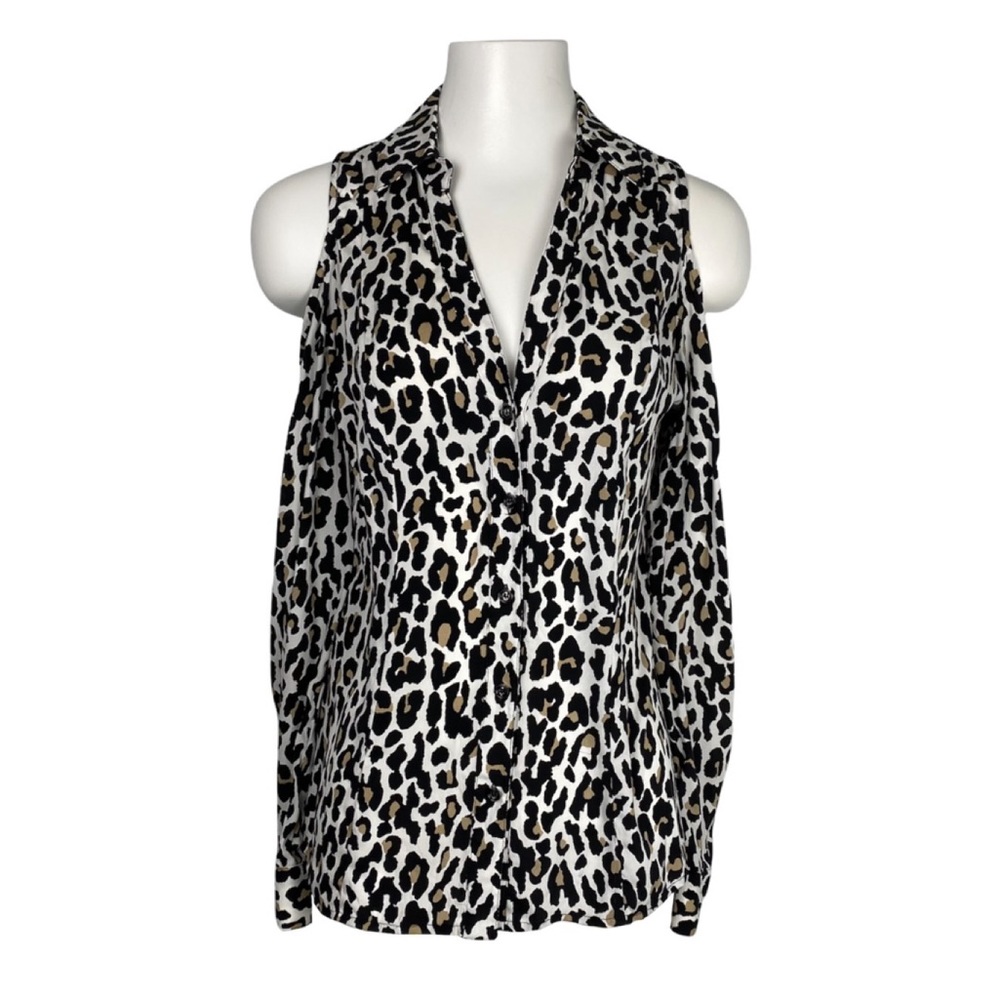 Cache | Vintage Silk Blend Leopard Print Black & White Cold Shoulder Top Size S